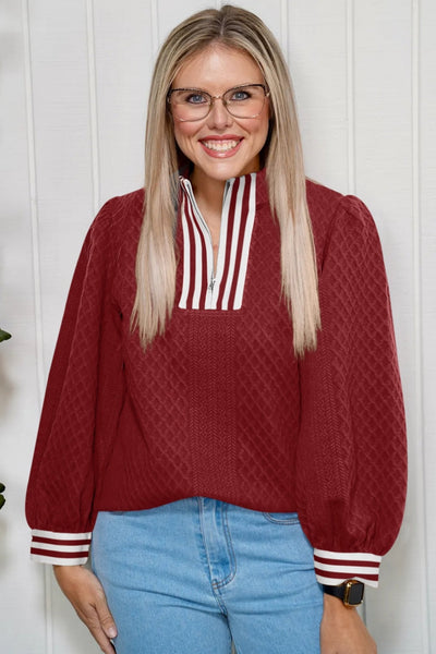 Women's Racing Red Rhombus Textured Zip-Neck Pullover