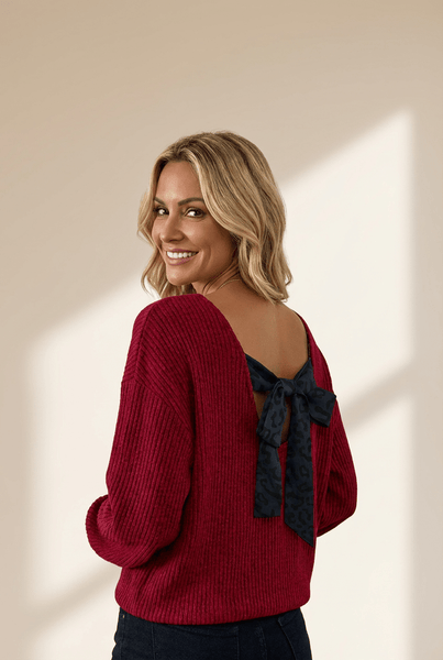 Women's Racing Red Ribbed Bow-Back Top with Leopard Accent