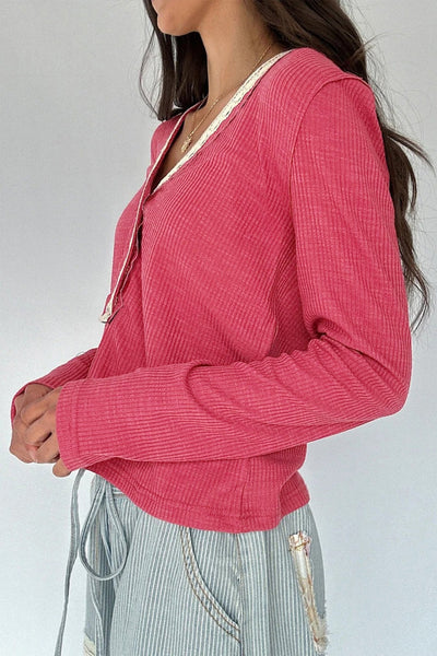 Women's Racing Red Ribbed Long Sleeve Lace V-Neck Henley Top