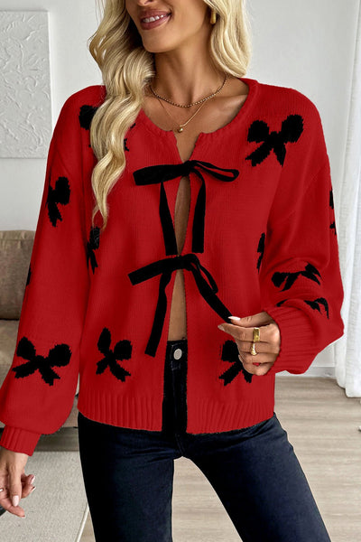 Women's Racing Red Ribbon Bow Tie Cardigan Sweater