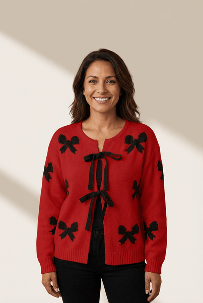 Women's Racing Red Ribbon Bow Tie Cardigan Sweater