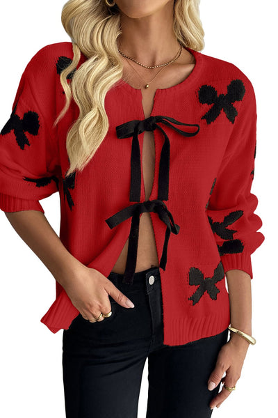 Women's Racing Red Ribbon Bow Tie Cardigan Sweater