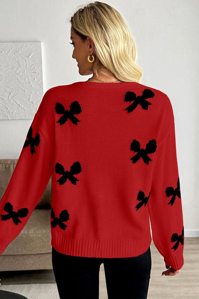 Women's Racing Red Ribbon Bow Tie Cardigan Sweater