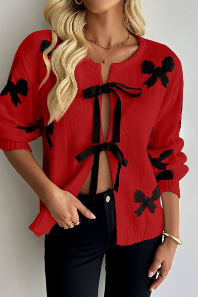 Women's Racing Red Ribbon Bow Tie Cardigan Sweater