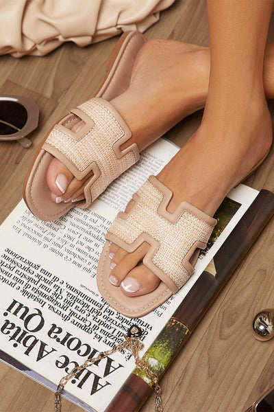 Women's Raffia Patchwork Open Toe Slides in Nude Beige