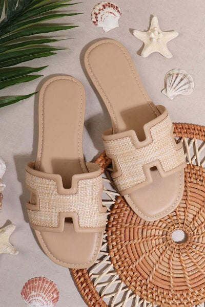 Women's Raffia Patchwork Open Toe Slides in Nude Beige