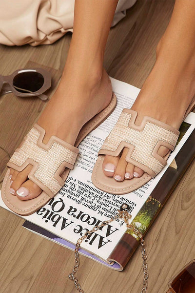 Women's Raffia Patchwork Open Toe Slides in Nude Beige