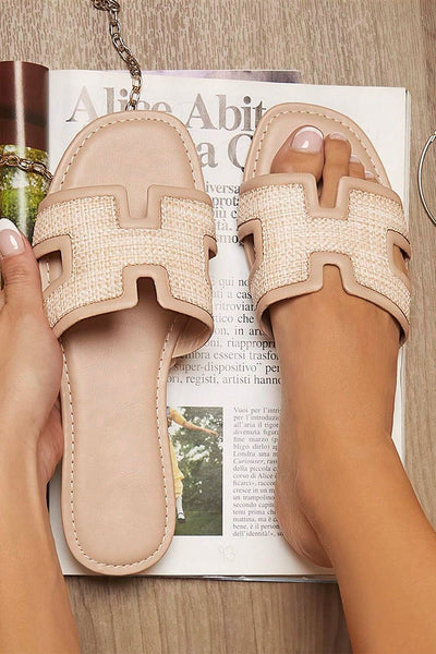 Women's Raffia Patchwork Open Toe Slides in Nude Beige