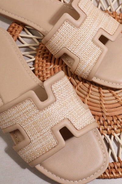 Women's Raffia Patchwork Open Toe Slides in Nude Beige