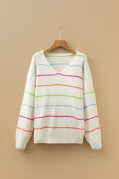 Women's Rainbow Striped V-Neck Knit Sweater in Cream Acrylic