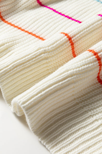 Women's Rainbow Striped V-Neck Knit Sweater in Cream Acrylic
