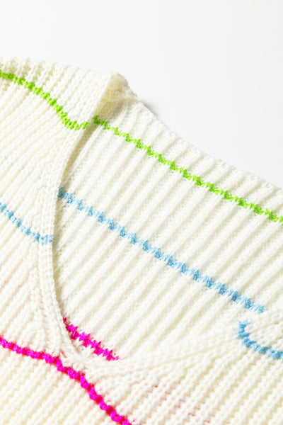 Women's Rainbow Striped V-Neck Knit Sweater in Cream Acrylic
