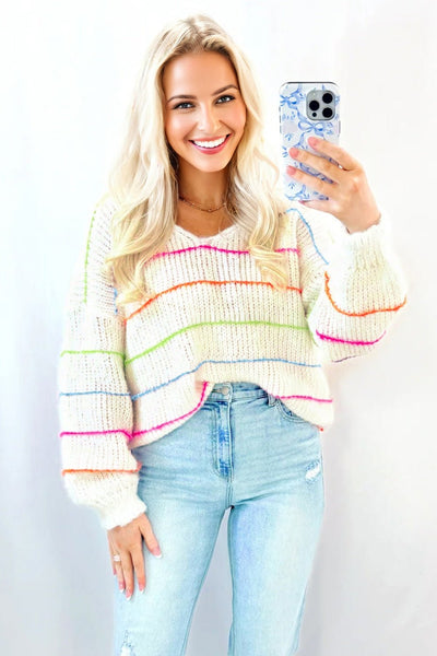 Women's Rainbow Striped V-Neck Knit Sweater in Cream Acrylic