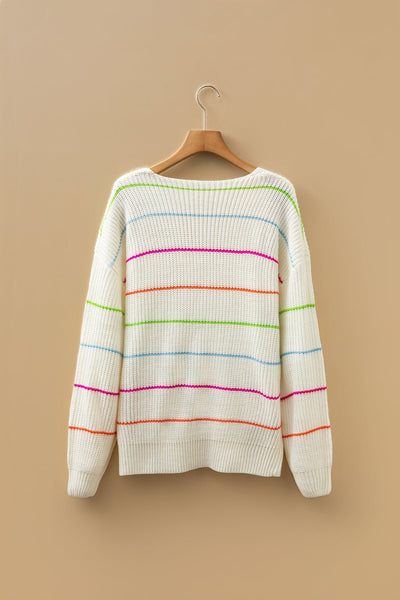 Women's Rainbow Striped V-Neck Knit Sweater in Cream Acrylic