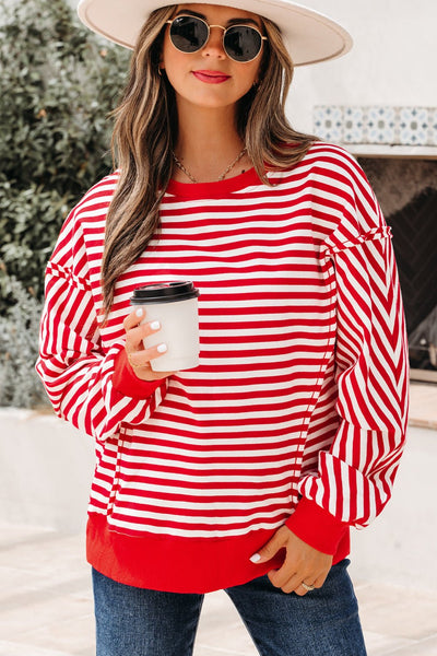 Women's Red and White Striped Drop Shoulder Sweatshirt