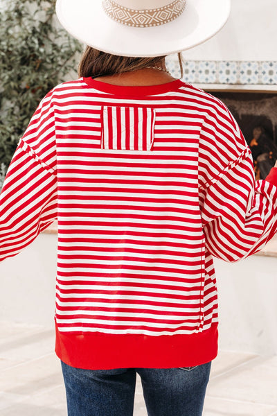 Women's Red and White Striped Drop Shoulder Sweatshirt