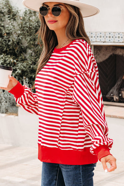 Women's Red and White Striped Drop Shoulder Sweatshirt