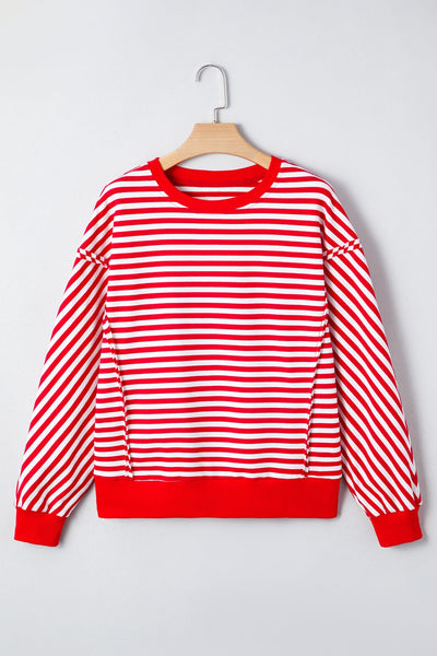 Women's Red and White Striped Drop Shoulder Sweatshirt