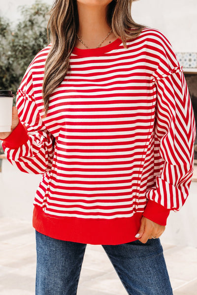 Women's Red and White Striped Drop Shoulder Sweatshirt