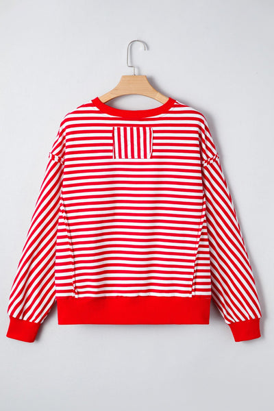 Women's Red and White Striped Drop Shoulder Sweatshirt