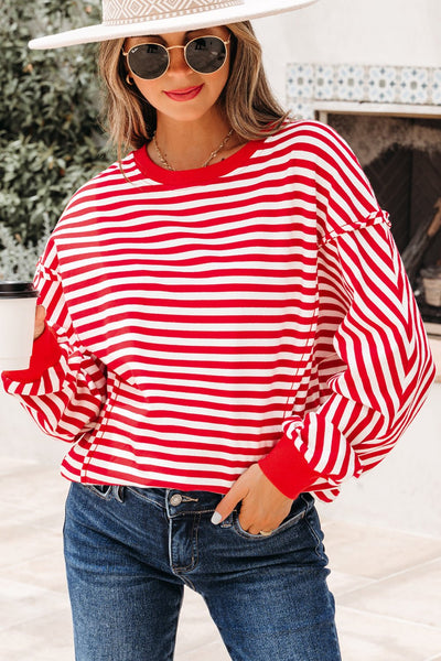 Women's Red and White Striped Drop Shoulder Sweatshirt