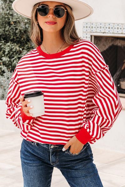 Women's Red and White Striped Drop Shoulder Sweatshirt