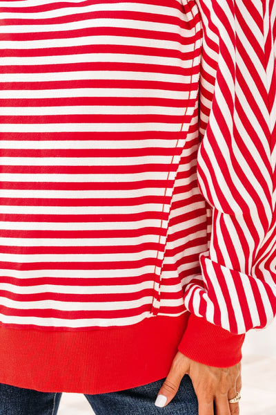 Women's Red and White Striped Drop Shoulder Sweatshirt