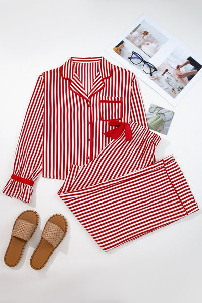 Women's Red and White Striped Long-Sleeve Pajama Set with Ribbon Details with practical styling and dependable silhouette control.