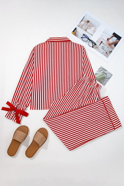 Women's Red and White Striped Long-Sleeve Pajama Set with Ribbon Details with practical styling and dependable silhouette control.