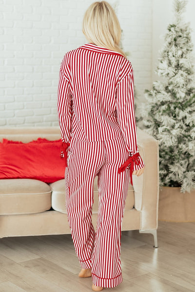 Women's Red and White Striped Long-Sleeve Pajama Set with Ribbon Details with practical styling and dependable silhouette control.
