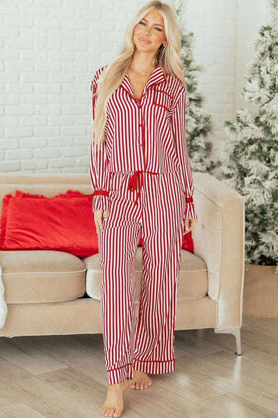 Women's Red and White Striped Long-Sleeve Pajama Set with Ribbon Details with practical styling and dependable silhouette control.