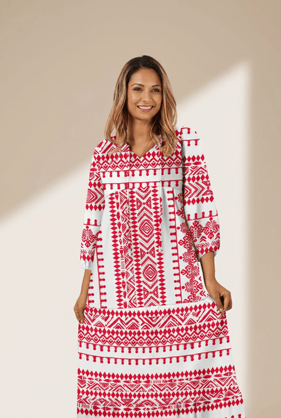 Women's Red Bohemian Geometric Maxi Dress with Half Sleeves