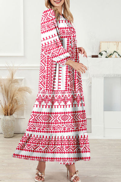 Women's Red Bohemian Geometric Maxi Dress with Half Sleeves
