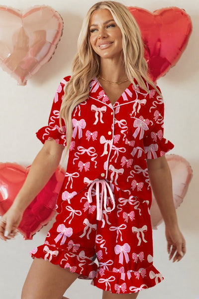 Women's Red Bow Print Ruffle Pajama Set in Soft Stretch Knit