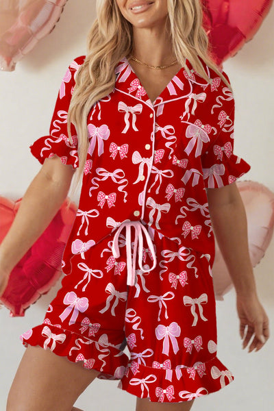 Women's Red Bow Print Ruffle Pajama Set in Soft Stretch Knit