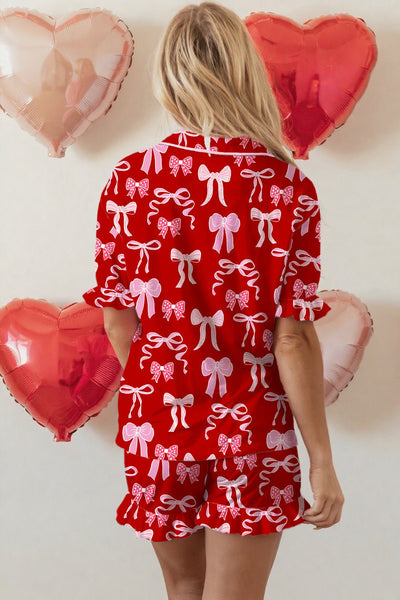 Women's Red Bow Print Ruffle Pajama Set in Soft Stretch Knit