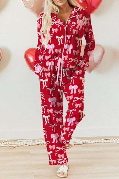 Women's Red Bow Print Satin Pajama Set: Long Sleeve Sleepwear