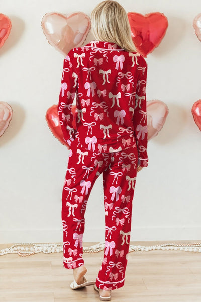 Women's Red Bow Print Satin Pajama Set: Long Sleeve Sleepwear