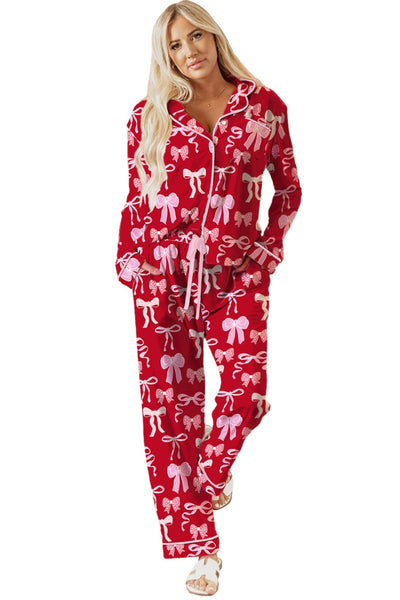 Women's Red Bow Print Satin Pajama Set: Long Sleeve Sleepwear