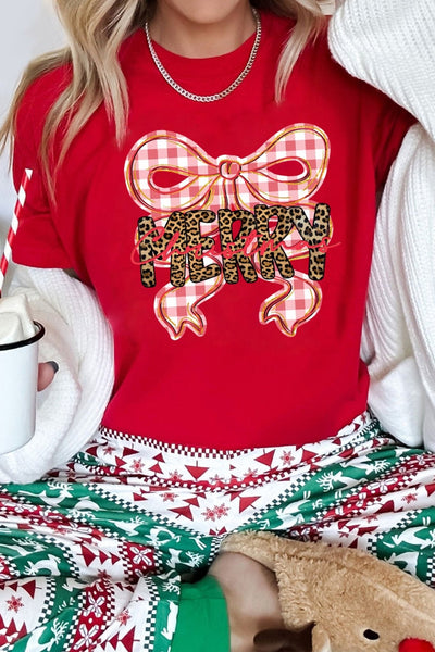 Women's Red Christmas Bow Graphic Tee with Leopard Detail