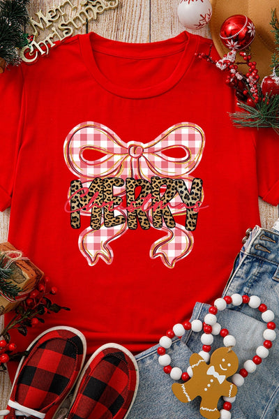 Women's Red Christmas Bow Graphic Tee with Leopard Detail