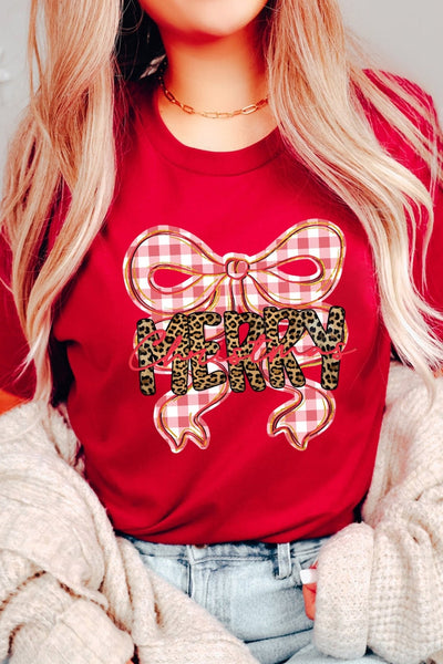 Women's Red Christmas Bow Graphic Tee with Leopard Detail