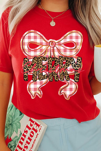 Women's Red Christmas Bow Graphic Tee with Leopard Detail