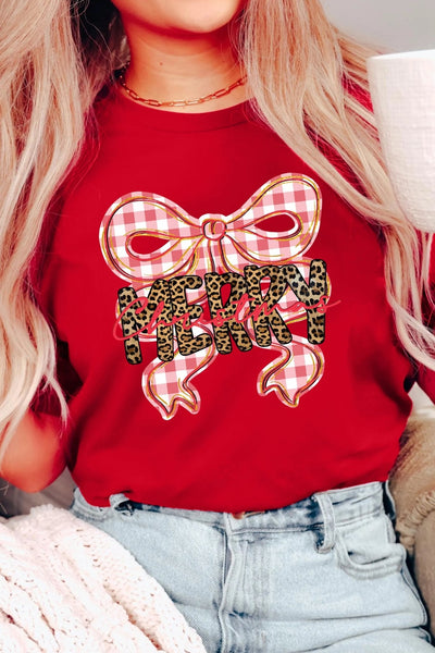 Women's Red Christmas Bow Graphic Tee with Leopard Detail