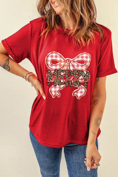 Women's Red Christmas Bow Graphic Tee with Leopard Detail