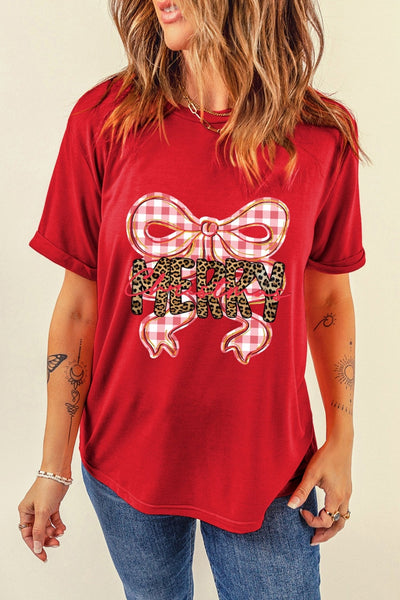 Women's Red Christmas Bow Graphic Tee with Leopard Detail
