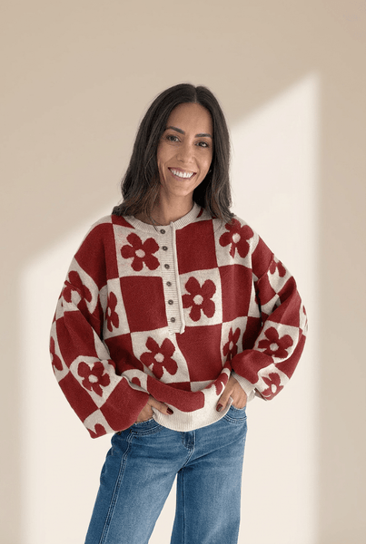 Women's Red Dahlia Floral Checkerboard Henley Knit Sweater