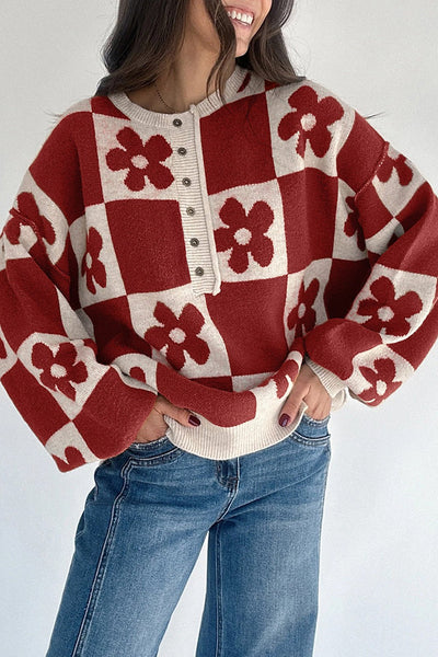 Women's Red Dahlia Floral Checkerboard Henley Knit Sweater