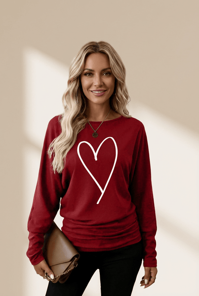 Women's Red Dahlia Heart Graphic Tee with Ruched Hem Detail