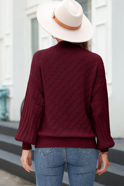 Women's Red Dahlia Mock Neck Diagonal Rib Textured Sweater